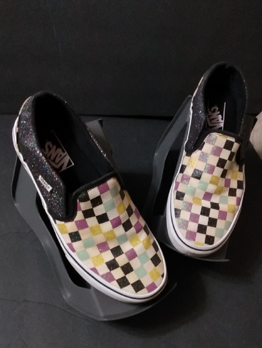 Rainbow Sparkle Checkered Vans Classic Skater Chic Sneakers 8.5 Women's